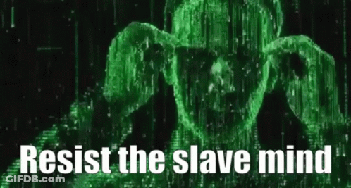 A Green Skull With The Words `` Resist The Slave Mind '' Written On It . GIF