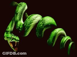 A Green Snake With Its Mouth Open And Sharp Teeth GIF