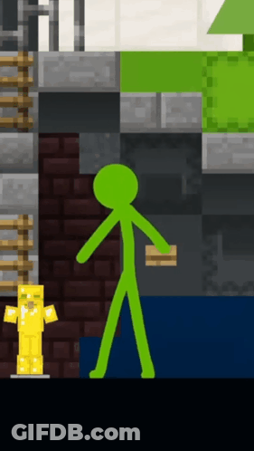 A Green Stick Figure Standing Next To A Yellow Statue In A Video Game GIF