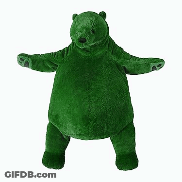 A Green Teddy Bear With Its Arms Outstretched Is Standing On A White Background . GIF
