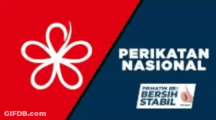 A Green Triangle With A Leaf On It Is On A Red And Blue Background Next To A Sign That Says Perikatan Nasional . GIF