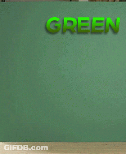 A Green Wall With The Words Go Green Above A Shelf GIF