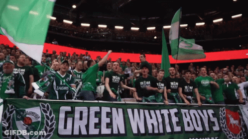 A Green White Boys Banner Is Displayed In A Crowd GIF