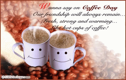 A Greeting Card For Coffee Day With Two Cups Of Coffee With Faces On Them GIF