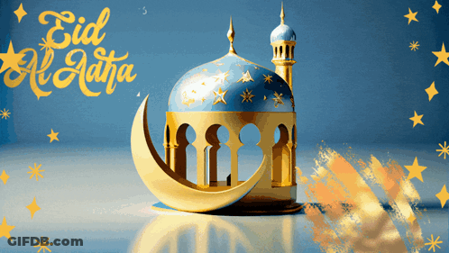 A Greeting Card For Eid Al Adha With A Blue Dome And A Crescent Moon GIF