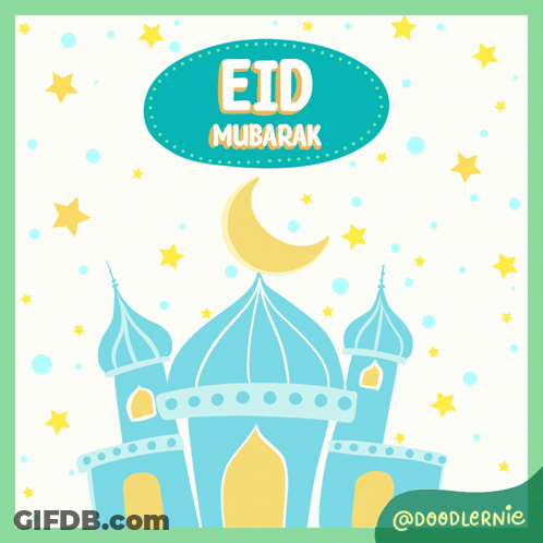 A Greeting Card For Eid Mubarak With A Castle And Crescent Moon GIF