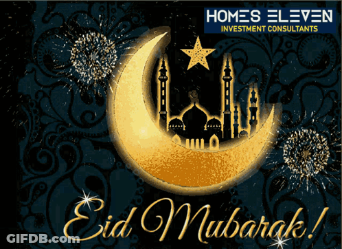A Greeting Card For Eid Mubarak With A Crescent Moon And Fireworks GIF