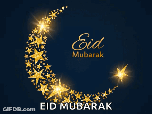 A Greeting Card For Eid Mubarak With A Crescent Moon Surrounded By Gold Stars GIF