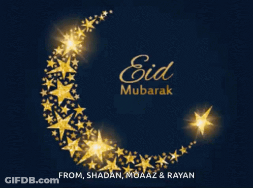 A Greeting Card For Eid Mubarak With A Crescent Moon Surrounded By Gold Stars GIF