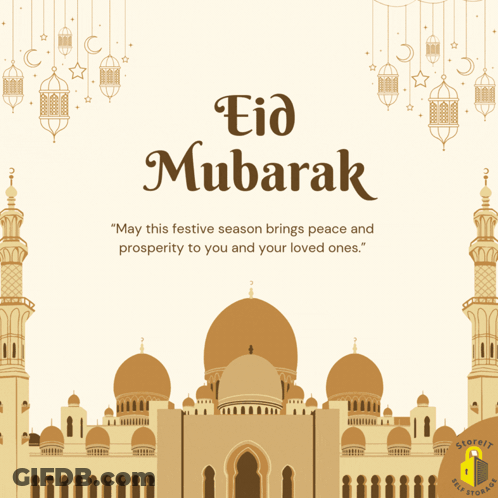 A Greeting Card For Eid Mubarak With A Mosque In The Foreground GIF