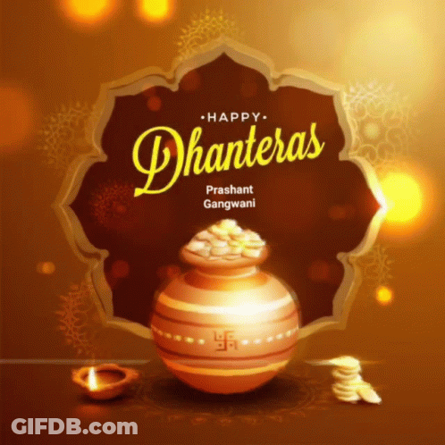 A Greeting Card For Happy Dhanteras With A Pot Of Gold GIF