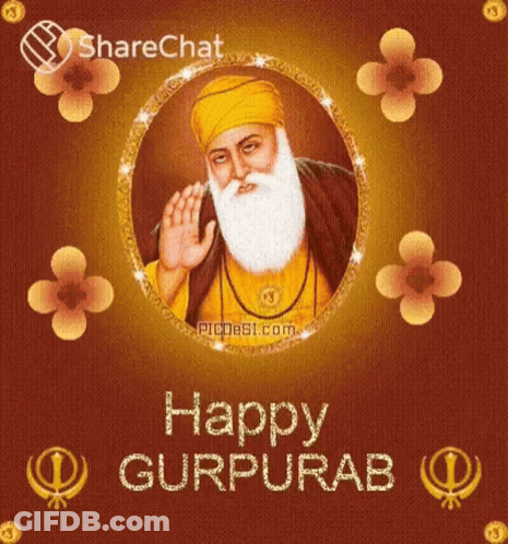 A Greeting Card For Happy Gurpurab With A Picture Of A Man With A Beard And Flowers . GIF