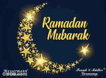 A Greeting Card For Ramadan Mubarak With A Crescent Moon And Stars On A Blue Background GIF