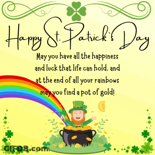 A Greeting Card For St. Patrick 'S Day With A Leprechaun In A Pot Of Gold And A Rainbow GIF