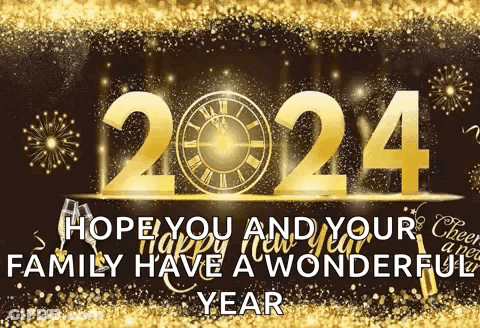 A Greeting Card For The New Year 2024 With A Clock And Fireworks GIF