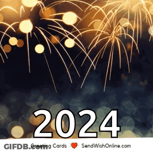A Greeting Card For The Year 2024 With Fireworks Behind It GIF