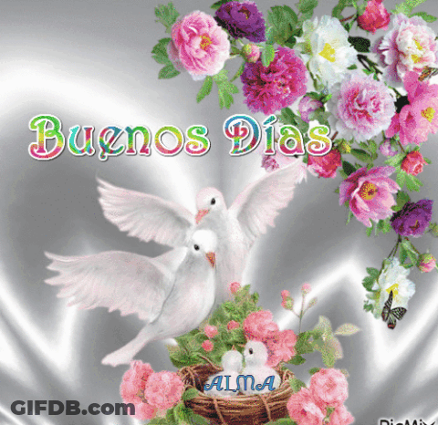 A Greeting Card That Says Buenos Dias With Two Birds And Flowers GIF