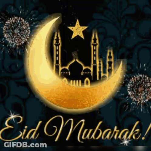 A Greeting Card That Says Eid Mubarak With A Crescent Moon And Fireworks GIF