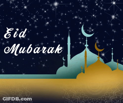 A Greeting Card That Says ' Eid Mubarak ' With A Mosque In The Background GIF