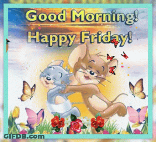 A Greeting Card That Says Good Morning Happy Friday With Two Cats Hugging Each Other GIF