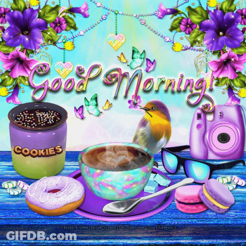 A Greeting Card That Says " Good Morning " With A Cup Of Coffee GIF