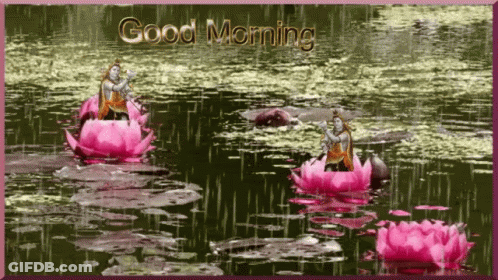 A Greeting Card That Says Good Morning With A Picture Of A Statue In A Pond GIF