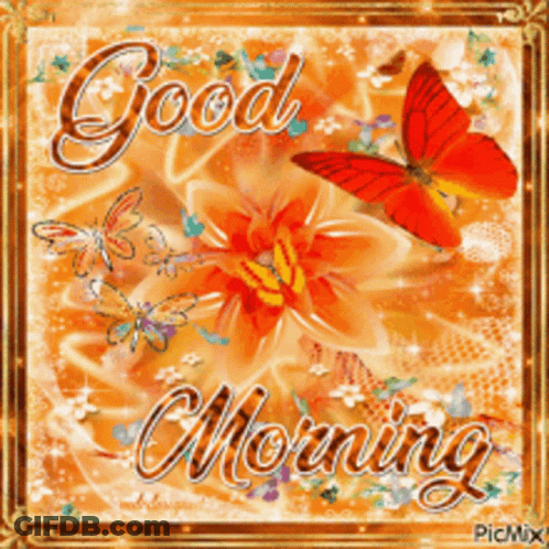 A Greeting Card That Says Good Morning With Flowers And Butterflies GIF