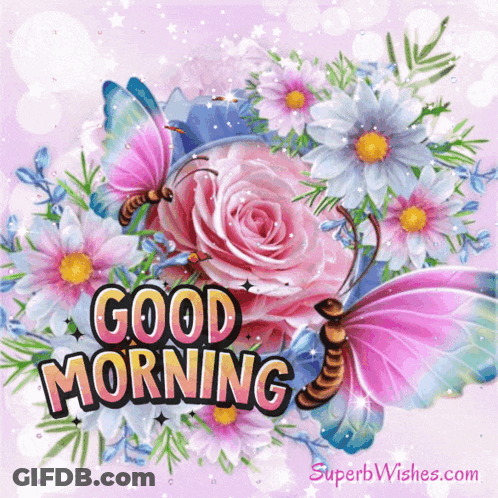 A Greeting Card That Says Good Morning With Pink Roses And Butterflies GIF