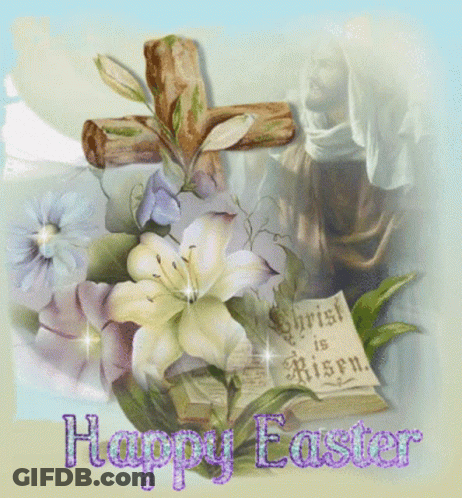 A Greeting Card That Says Happy Easter With Flowers And A Cross GIF