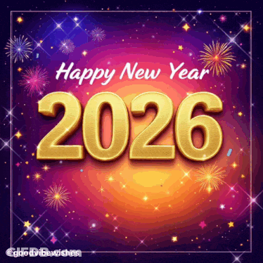 A Greeting Card That Says Happy New Year 2026 With Fireworks In The Background GIF