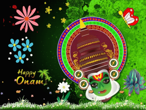 A Greeting Card That Says Happy Onam With Flowers And A Butterfly GIF