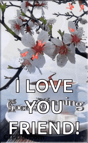 A Greeting Card That Says I Love You Friend With Flowers And A Cup Of Coffee GIF