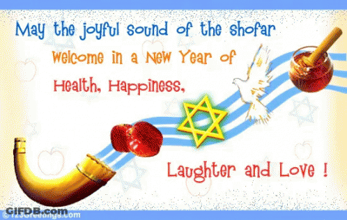 A Greeting Card That Says May The Joyful Sound Of The Shofar Welcome In A New Year Of Health And Happiness GIF