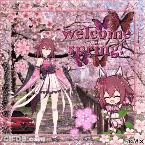 A Greeting Card That Says Welcome Spring With A Girl And Flowers GIF