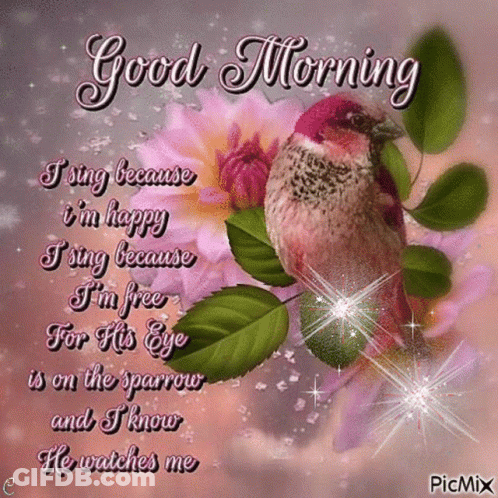 A Greeting Card With A Bird And Flowers That Says Good Morning GIF