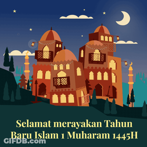 A Greeting Card With A Castle And The Words Selamat Merayakan Tahun Baru Islam 1 Muharam 1441H GIF