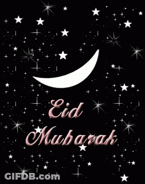 A Greeting Card With A Crescent Moon And The Words Eid Mubarak GIF