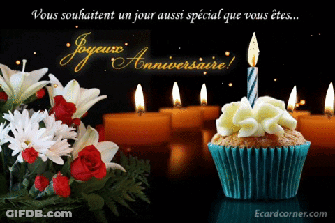 A Greeting Card With A Cupcake And Candles Says Joyeux Anniversaire GIF
