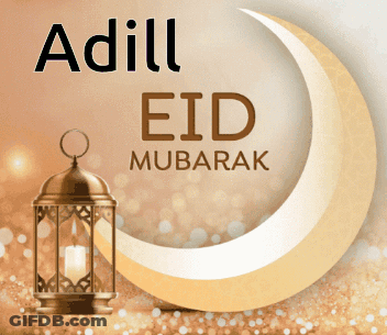 A Greeting Card With A Lantern And A Crescent Moon Says Adill Eid Mubarak GIF