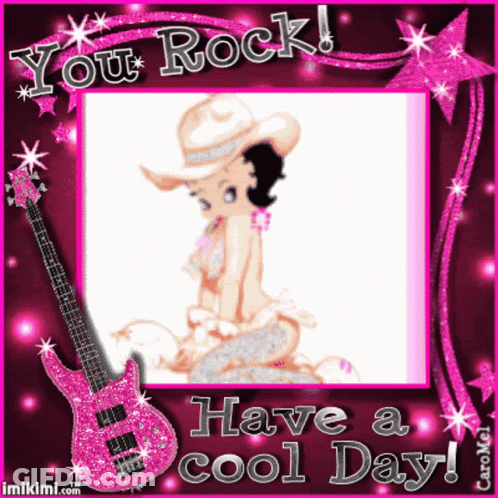 A Greeting Card With Betty Boop And A Guitar That Says " You Rock " GIF