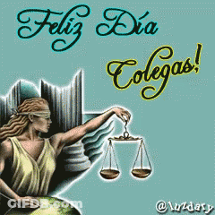 A Greeting Card With Lady Justice Holding Scales And The Words " Feliz Dia Colegas " GIF