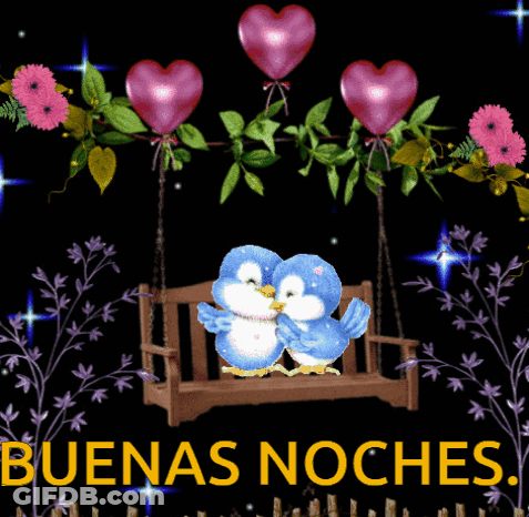 A Greeting Card With Two Birds On A Swing And The Words Buenas Noches On The Bottom GIF