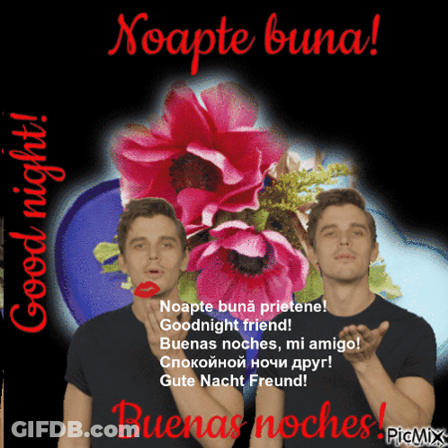 A Greeting Card With Two Men And Flowers Says Goodnight Friend GIF