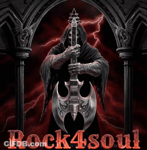 A Grim Reaper Holding A Guitar And An Axe With The Words Rock4soul Written In Red GIF