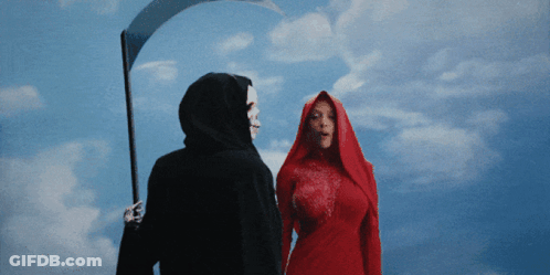 A Grim Reaper Holding A Scythe And A Woman In A Red Dress GIF