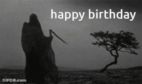 A Grim Reaper Holding A Scythe With The Words Happy Birthday Behind Him GIF