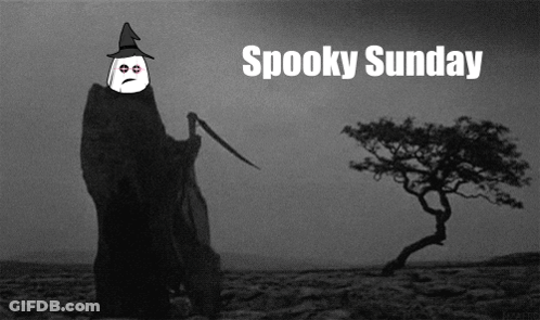 A Grim Reaper Holding A Scythe With The Words Spooky Sunday Behind Him GIF