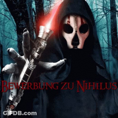 A Grim Reaper Is Holding A Red Light Saber With The Words Rewerbung Zu Nihilus In Red GIF