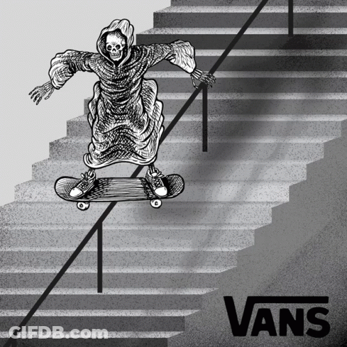 A Grim Reaper Is Riding A Skateboard Down A Set Of Stairs With The Vans Logo Below Him GIF