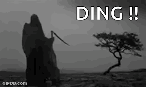 A Grim Reaper Is Standing In The Middle Of A Desert Holding A Scythe And A Tree . GIF